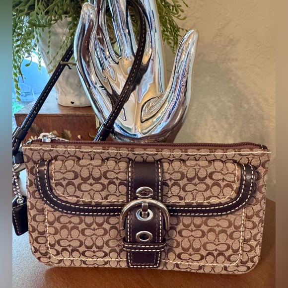 Coach Tan and Brown Signature Buckle Wristlet - Picture 1 of 9